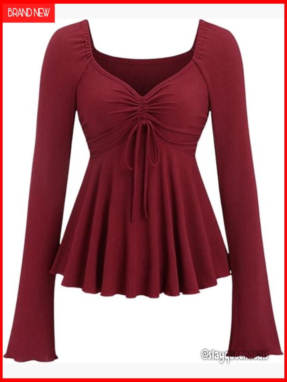 Long Sleeve Peplum Babydoll Top Tie Front Sweetheart Neckline